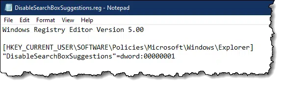 DisableSearchBoxSuggestions.reg opened in Notepad