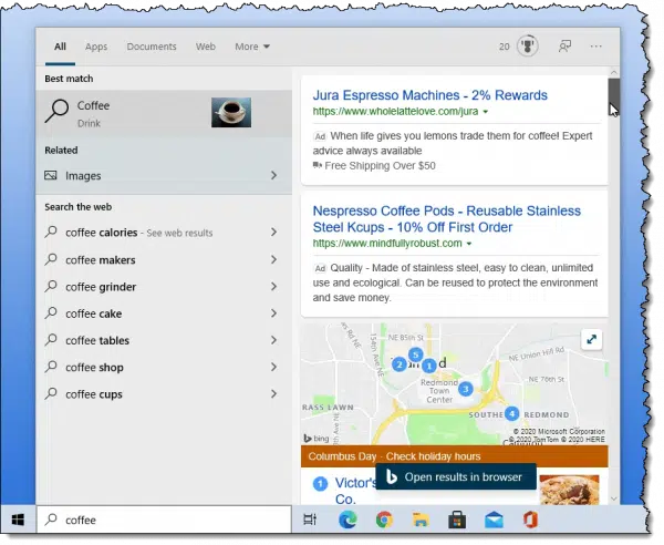 Searching before the change: Bing results are present