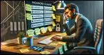 A home office desk with a frustrated man sitting in front of a computer. The screen shows multiple reminders for password changes, with sticky notes scattered around displaying various passwords crossed out. The man's expression reflects annoyance, with his hand on his forehead.