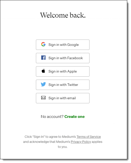 Medium.com sign in choices