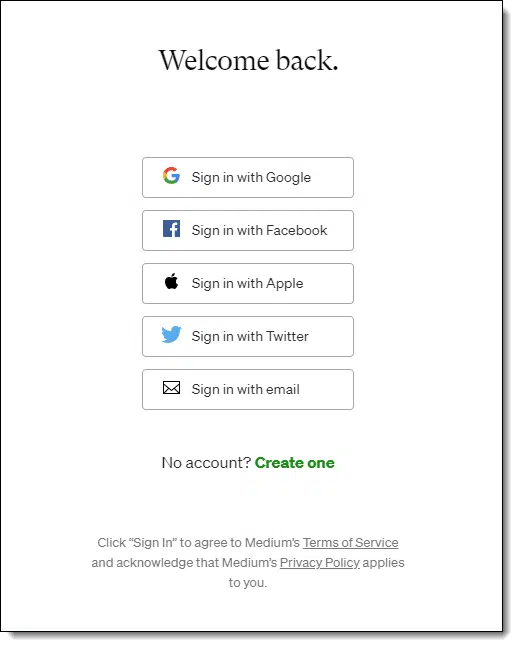 Medium.com sign in choices