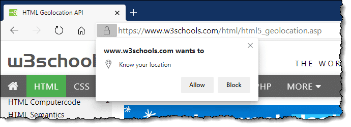 An example of a web site requesting location permission.