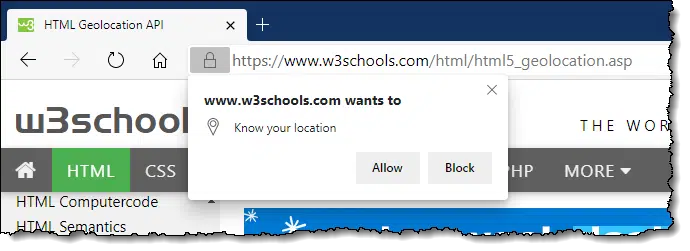 An example of a web site requesting location permission.