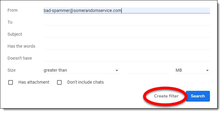 Creating a filter in Gmail, step 1.