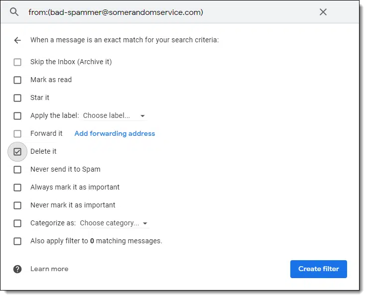 Creating a filter in Gmail, step 2.