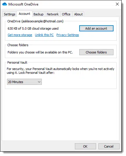 OneDrive settings, account tab