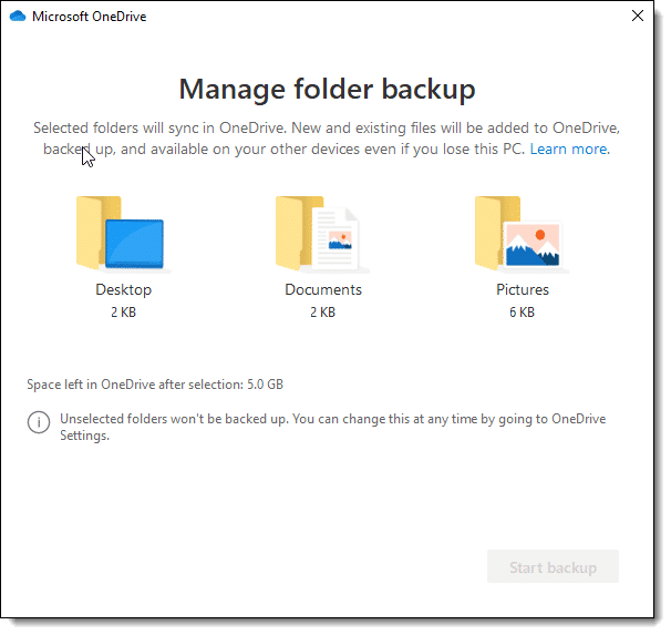 OneDrive Manage folder backup settings