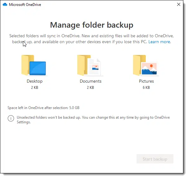 OneDrive Manage folder backup settings