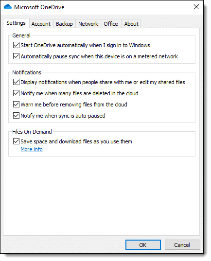 OneDrive Settings dialog, Settings tab