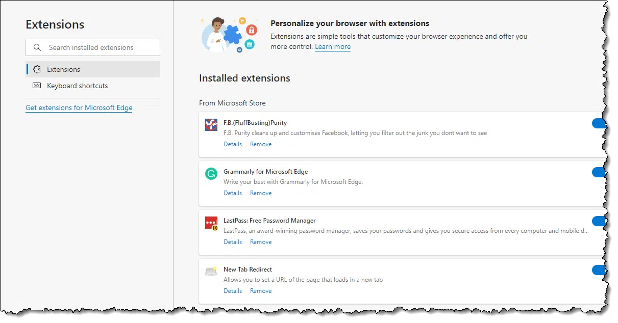 Extensions page in Microsoft Edge.