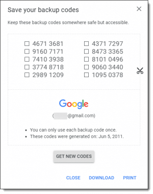 Google account backup codes.