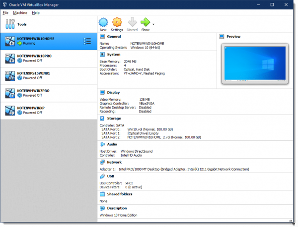 VirtualBox showing my list of available virtual machines.