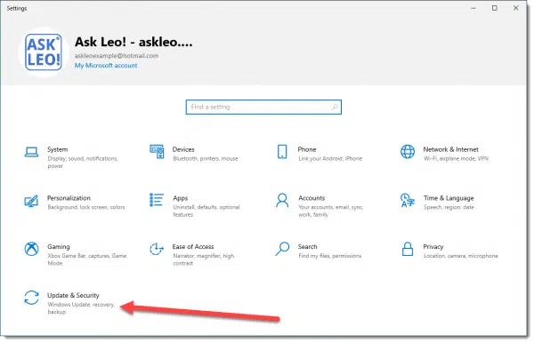 Windows Settings App, calling out Update & Security item.