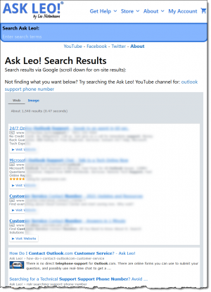 Searcing for "outlook support phone number" on Ask Leo!.