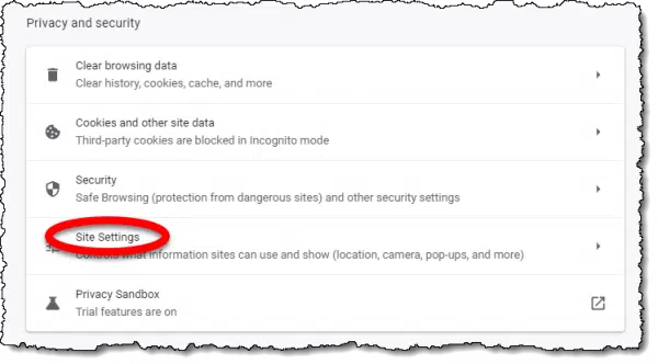 Site Settings link in Google Chrome Settings