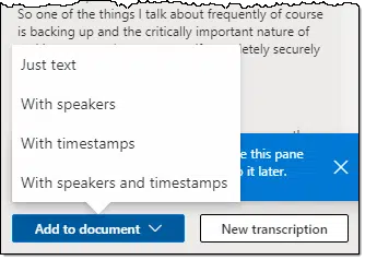 Options adding a transcript to the document.