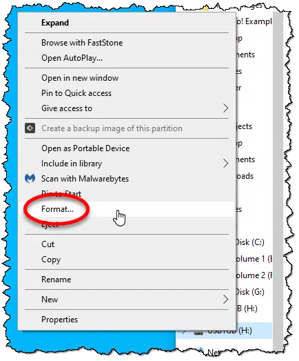 Format in a drive's right-click context menu.