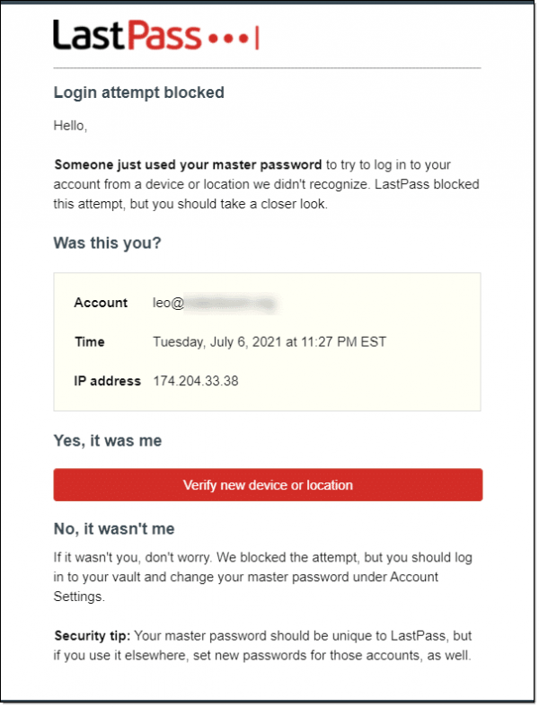 LastPass confirmation email.