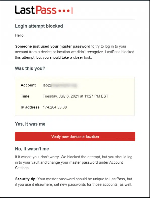 LastPass confirmation email.