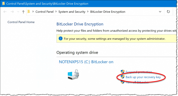 Manage BitLocker, highlighting Backup your recovery key.