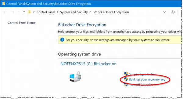 Manage BitLocker, highlighting Backup your recovery key.