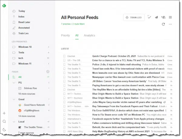 Feedly in use.