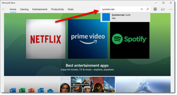 Microsoft Store, searching for SysInternals