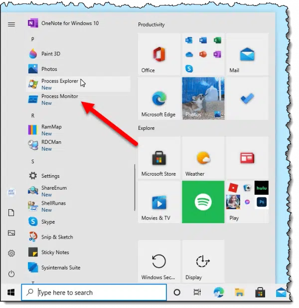 SysInternals apps in the Windows 10 Start menu.
