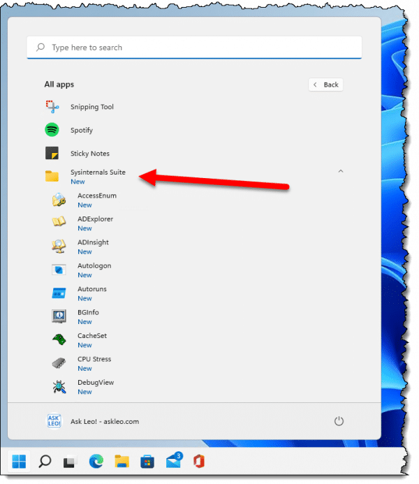 SysInternals apps in the Windows 11 Start menu.
