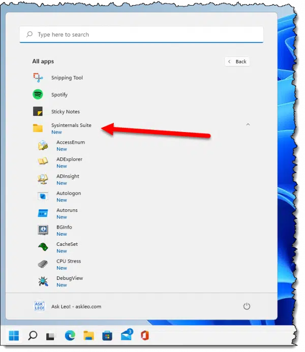 SysInternals apps in the Windows 11 Start menu.