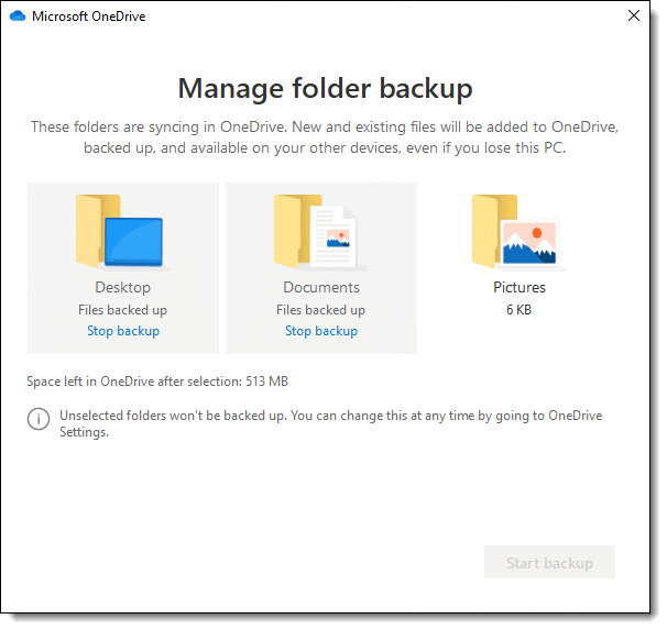 Manage folder backup showing "stop backup" and an unselected folder.