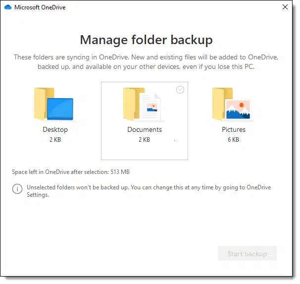 Manage folder backup with all three folders NOT selected.