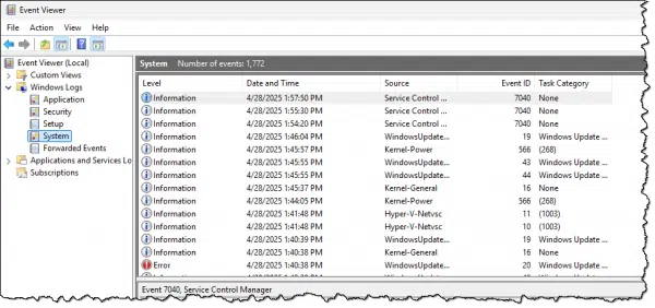 System event log.