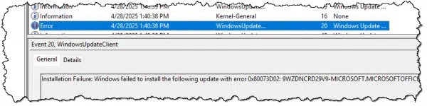 Details of an event log entry.