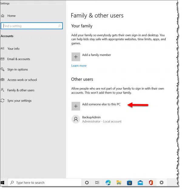 Family and Other Users settings page.