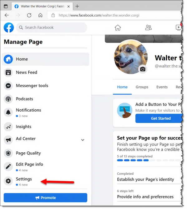 Page Settings Link.