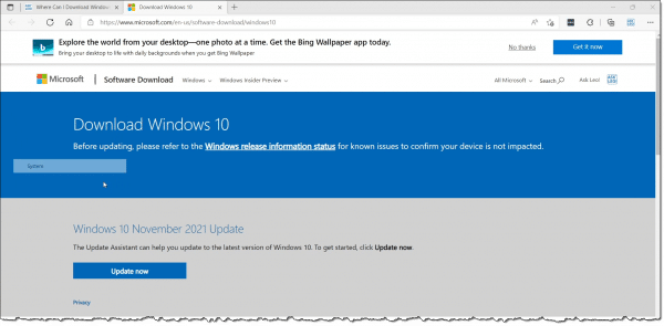 The download Windows 10 page.