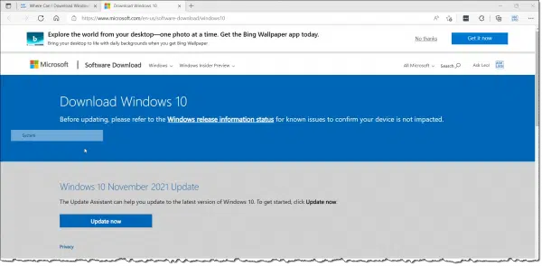 The download Windows 10 page.