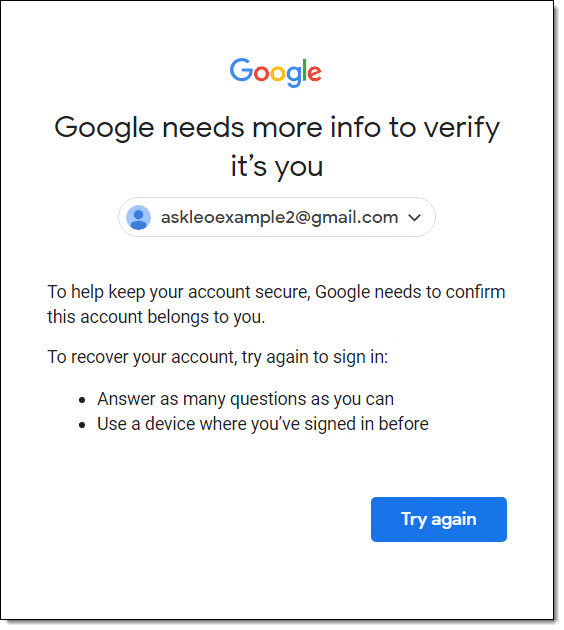 Google Account recovery needs more info.