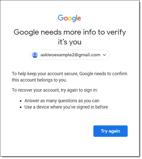 Google Account recovery needs more info.