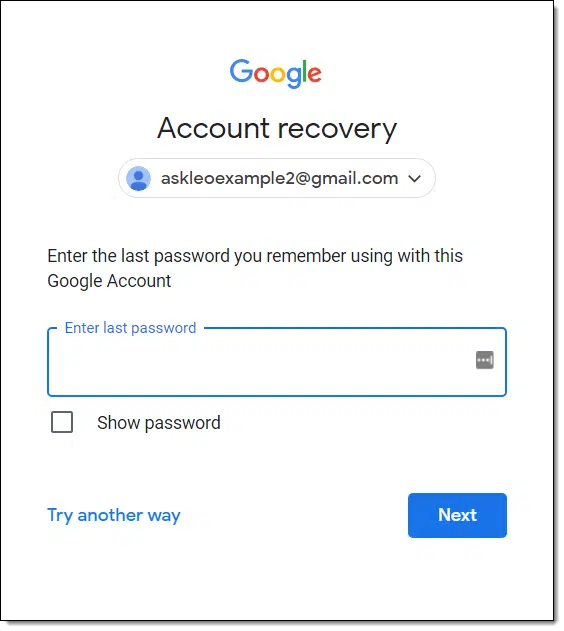 Google Account recovery: enter an old password.