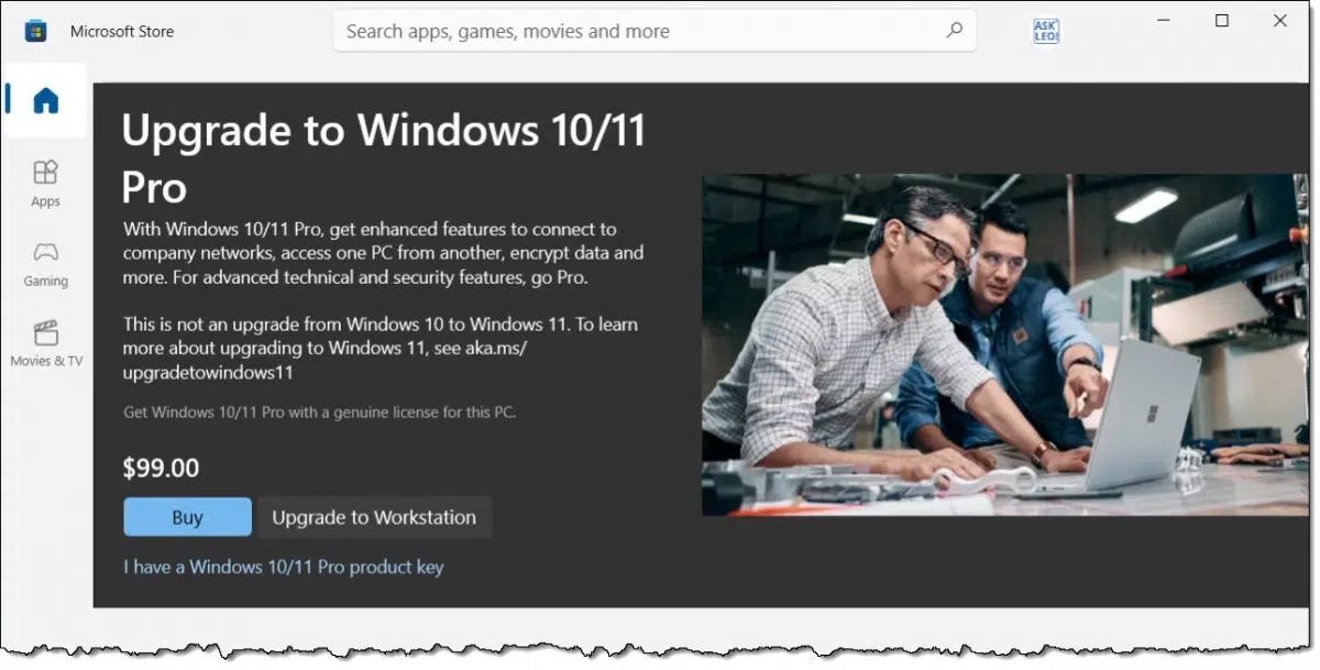 Windows Pro upgrade in the Microsoft Store.