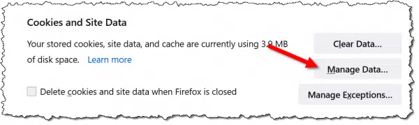 Firefox Cookies and Site Data. Click for larger image. (Screenshot: askleo.com)