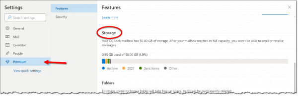 Storage usage in Outlook.com.