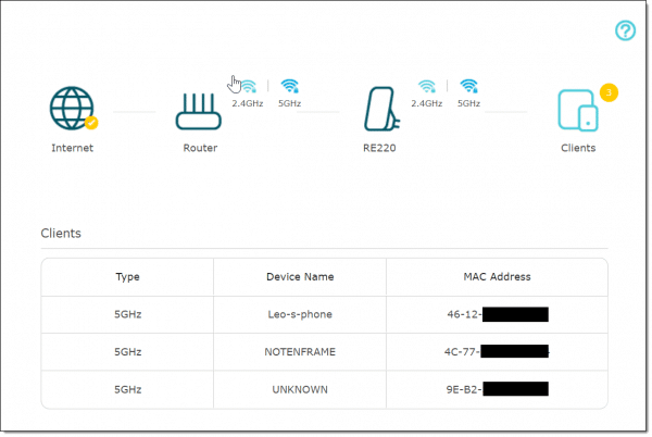 Range Extender (RE22) Status and Connected Clients