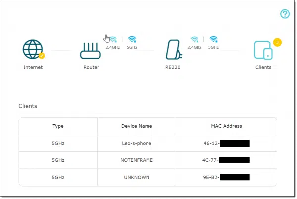 Range Extender (RE22) Status and Connected Clients