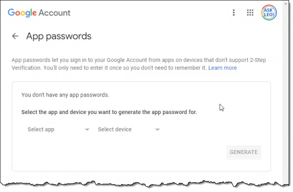 App Passwords in a Google Account.
