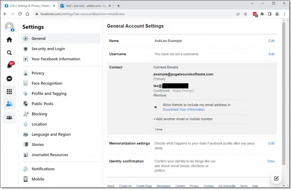 Facebook General Account Settings