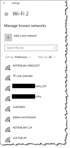 List of known Wi-Fi networks.