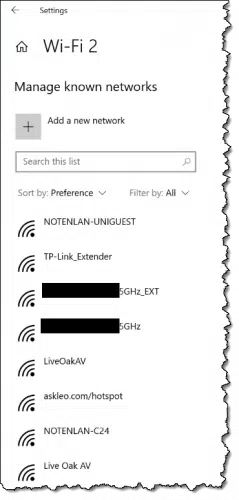 List of known Wi-Fi networks.